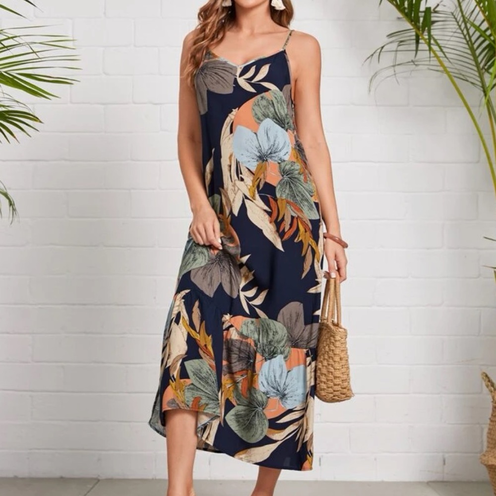 Tropical Print Ruffle Hem Cami Dress
